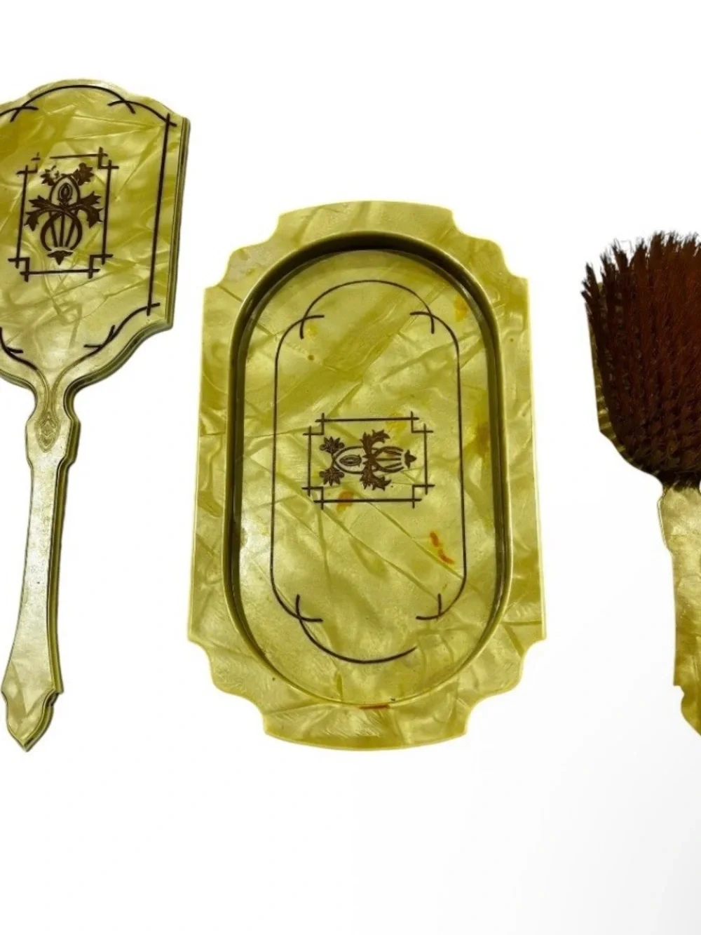 Vintage Marbled Yellow Celluloid Vanity Tray & Mirror Set